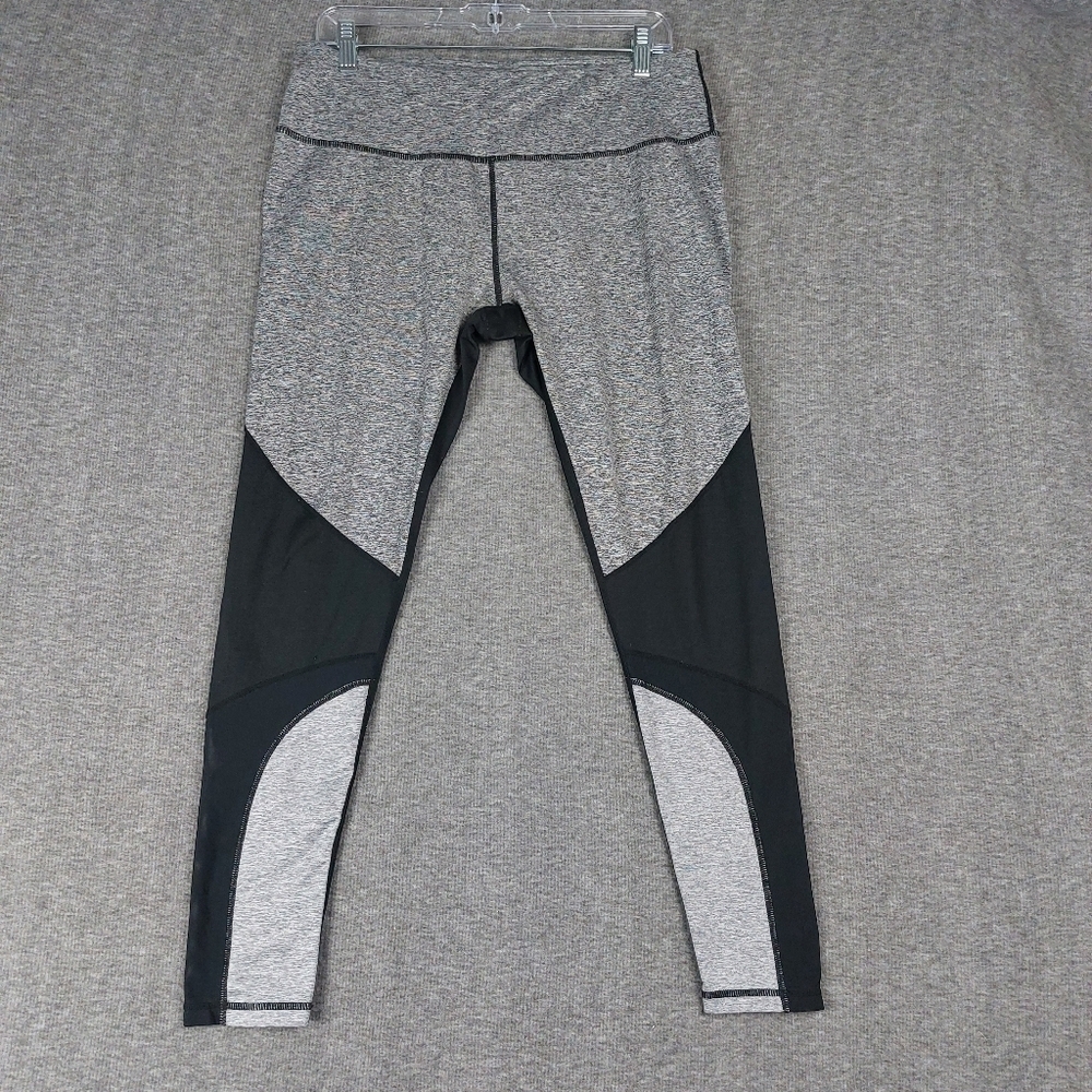 MTA WOMENS GRAY BLACK MESH PANEL ATHLETIC LEGGINGS SIZE LARGE